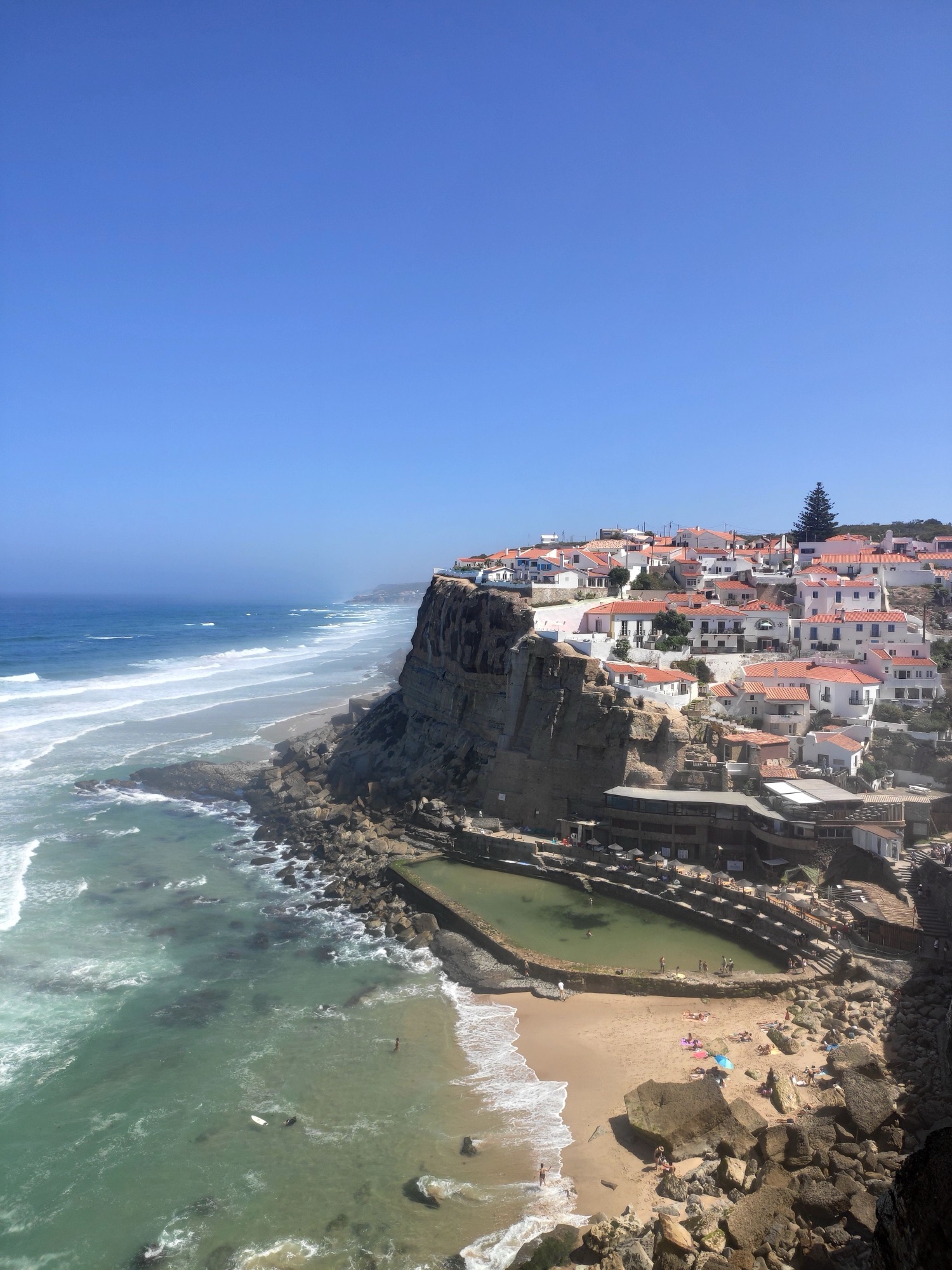 Atlantic coastal village in Portugal with white houses and red-tiled roofs.